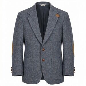 Stafford Tailored Tweed Herringbone Blazer Mens 42 Blue Suede Elbow Patches